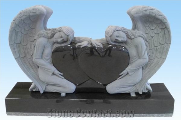 YAKING Double Angel Holding Double Heart, Jet Black Granite Monument, Tombstone