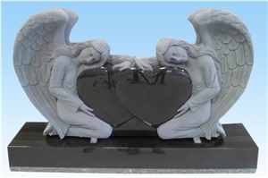 YAKING Double Angel Holding Double Heart, Jet Black Granite Monument, Tombstone