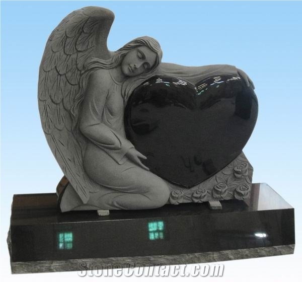 YAKING Single Angel Holding Single Heart, Jet Black Granite Monument, Tombstone