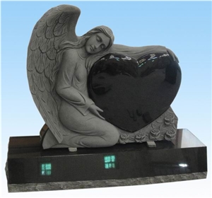 YAKING Single Angel Holding Single Heart, Jet Black Granite Monument, Tombstone