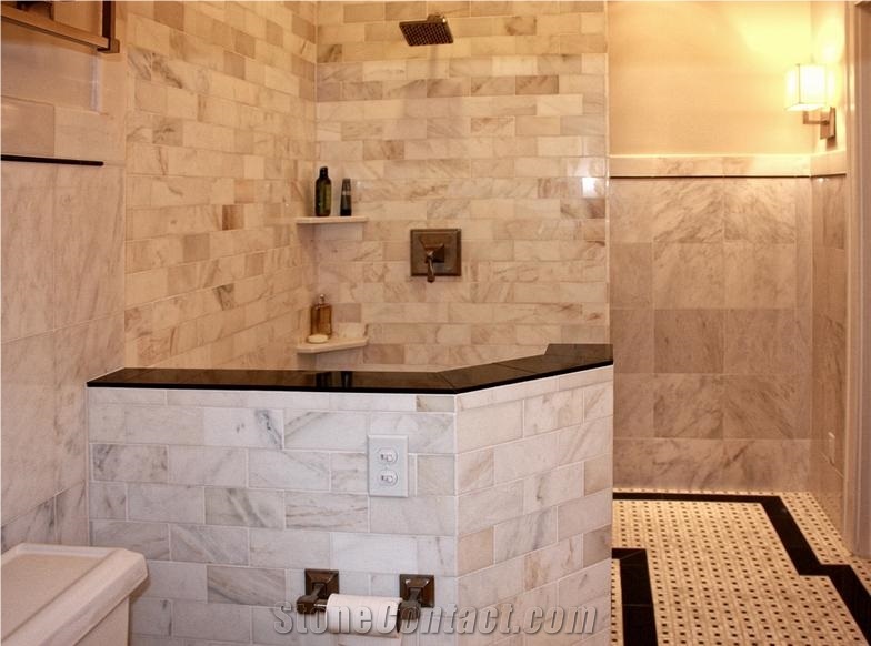 Bianco Carrara Marble Tile Shower, Floor, Bianco Carrara White Marble Bath Design
