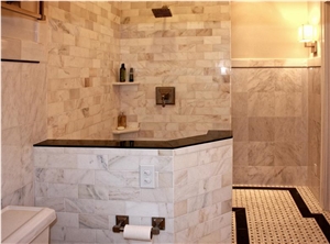 Bianco Carrara Marble Tile Shower, Floor, Bianco Carrara White Marble Bath Design
