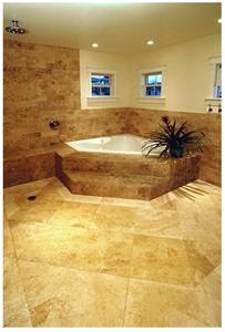 Andes Gold Tile in Wall, Tub Deck and Surround, Inka Gold Yellow Travertine Bath Design