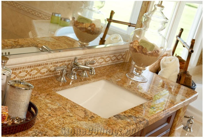 Juparana Bronze Vanity Top with Mosaic Backsplash, Juparana Bronz Yellow Granite Bath Design