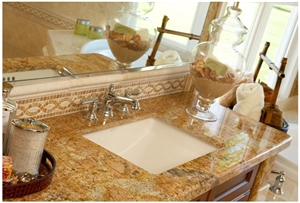 Juparana Bronze Vanity Top with Mosaic Backsplash, Juparana Bronz Yellow Granite Bath Design