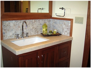 Mosaic Backsplash and Fossil Oro Limestone Vanity, Beige Limestone Bath Tops