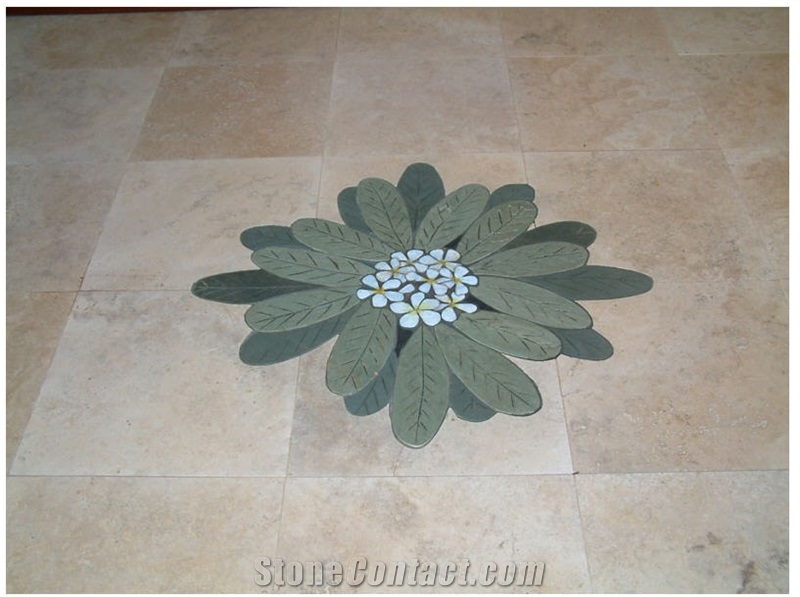 Paracas with Plumeria Inlay Floor, Mexico Beige Limestone Slabs & Tiles