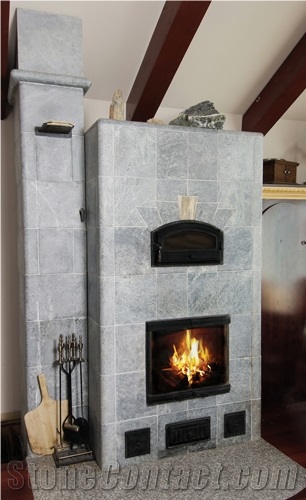 Porto Alegre Grey Soapstone Masonry Heater, Fireplace