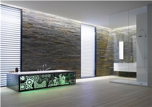 Multicolor Slate Ledge Stone Wall Bath Design