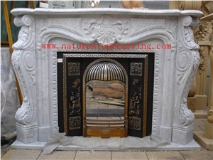 Mantel Fireplace Stone,White Marble Fireplace with Column Hand Carving Sculptured
