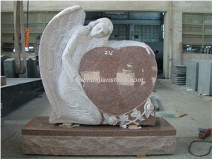 Single Angel Holding A Heart, Shidao Red Granite Monument, Tombstone