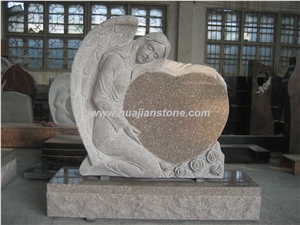 Single Angel Holding A Heart, Shidao Red Pink Granite Monument, Tombstone