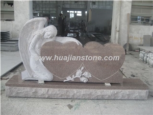 Single Lady Holding Two Hearts, Shidao Red Granite Monument, Tombstone