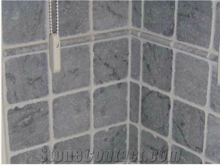 Tumbled Grey Marble Wall, Absolute Black Vanity to