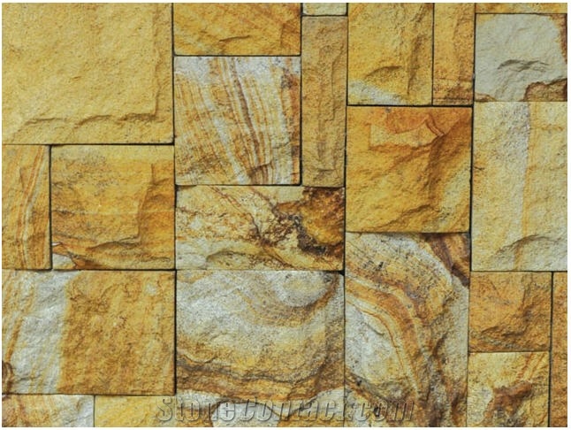 Kuning Rock Split Wall Tiles, Yellow Sandstone Wall