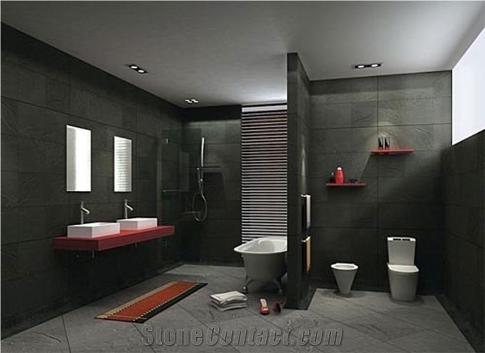 Bathroom Design Black Tiles Provide a Sleek, Moder, Nero Marquina Black Marble Bathroom Design
