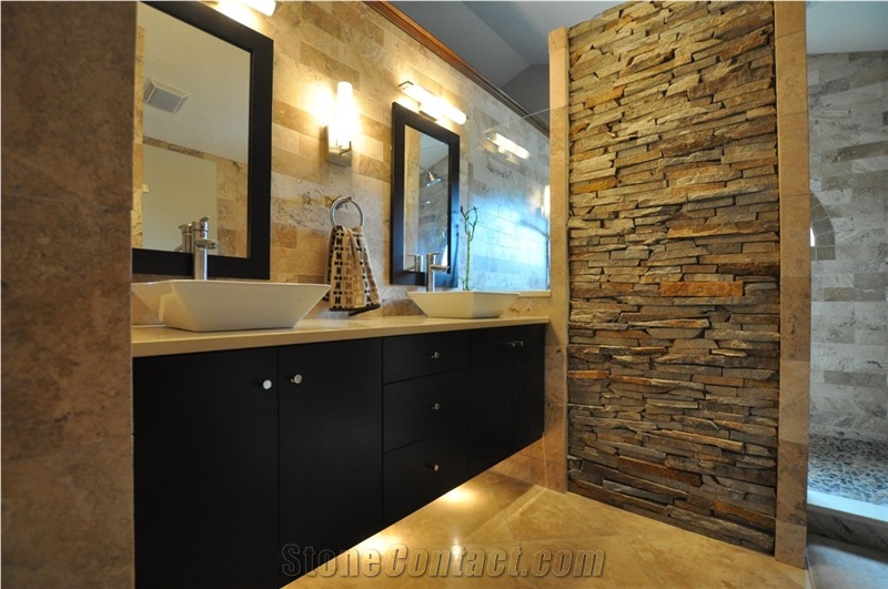 Bathroom Travertine Floors and Stacked Sandstone W, Beige Sandstone Bath Design