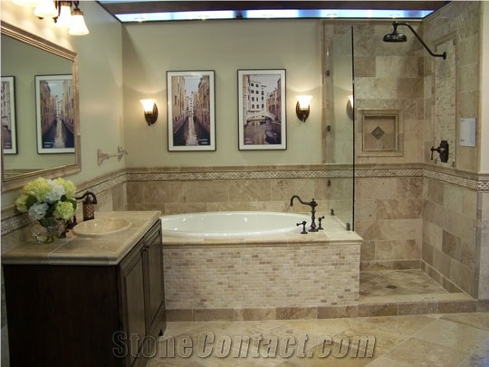 Bathroom with Travertine Flooring and Wall Accents, Beige Travertine Bath Design