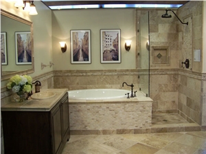 Bathroom with Travertine Flooring and Wall Accents, Beige Travertine Bath Design