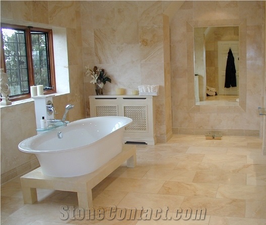 Bathroom with Travertine Walls and Floors, Travertino Romano Classico Beige Travertine Bath Design