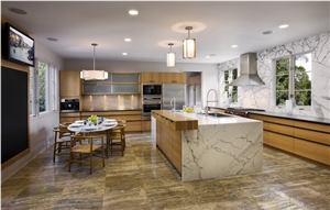 Silver Travertine and Carrara Marble Kitchen Desig, Silver Grey Travertine Kitchen Design