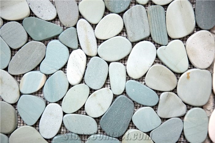 Flat Honed Jade Green Sea Pebble Mosaic, Green Marble Pebble Mosaic