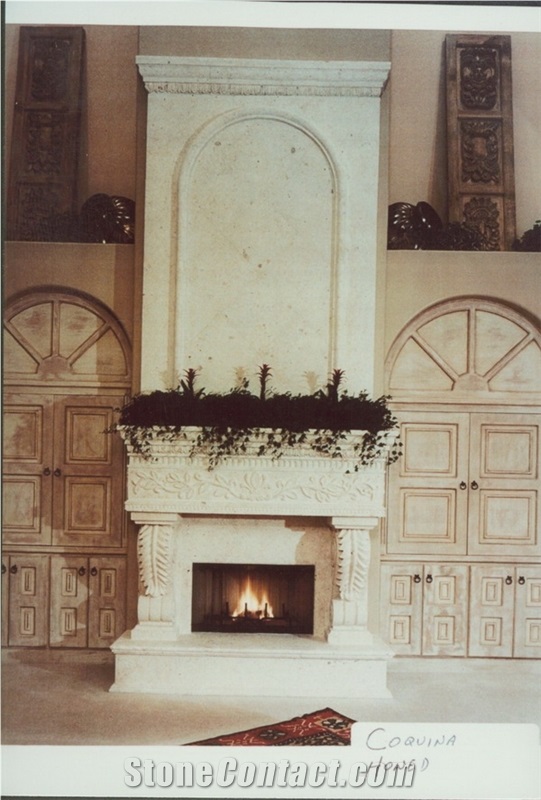De Estudio in Coquina Honed Hand Carved Fireplace, Coquina Shellstone Beige Limestone Fireplace