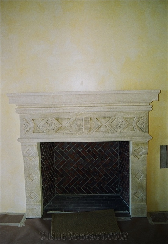 Fireplace in Anituqed Vicenza Handcarved Fireplace, Pietra Di Vicenza Chiara Beige Limestone Fireplace