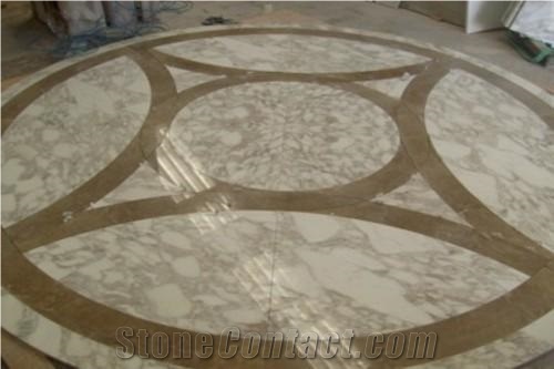 Marble Inlayed Floor Medallion, Arabescato White Marble Floor Medallion