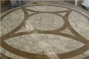 Marble Inlayed Floor Medallion, Arabescato White Marble Floor Medallion