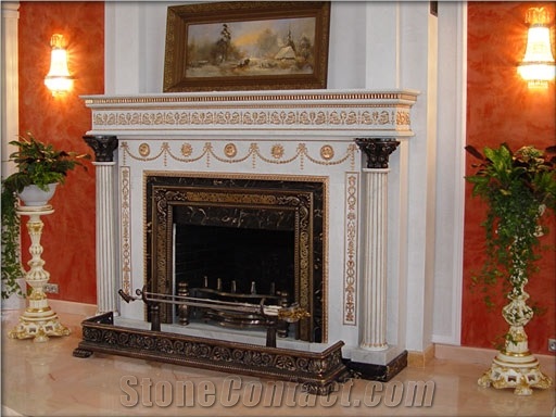 Fireplace in Marble Statuario, Gold, Bronze, Statuario White Marble Fireplace