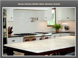 Calacatta Marble and Absolute Black Kitchen Design, Calacatta White Marble Kitchen Design