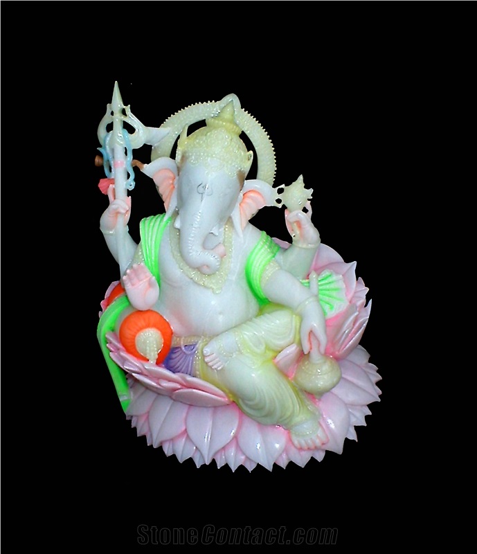 Marble Carved Lotus Ganesh (Indian God), Banswara White Marble Artifacts, Handcrafts