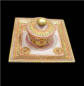 Marble Pottery, Marble Square Tray Carved in Makra, Makrana White Marble Trays