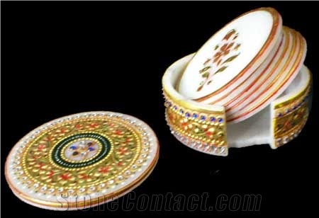 Modern Marble Round Coasters Set, White Marble Home Decor