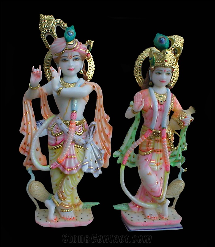 Radha Krishna (pair) Indian God, Koteshwar Adanga White Marble Artifacts, Handcrafts