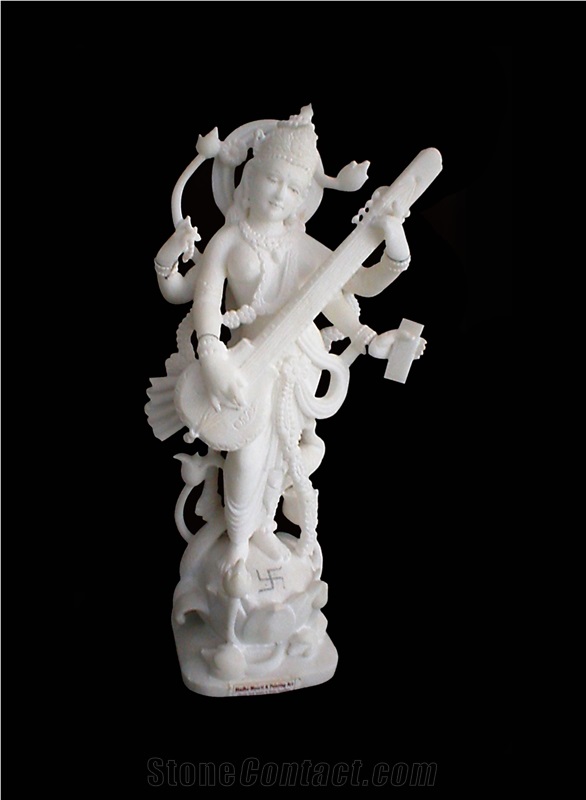 Saraswati (Indian Godess) Carved, Makrana White Marble Artifacts, Handcrafts