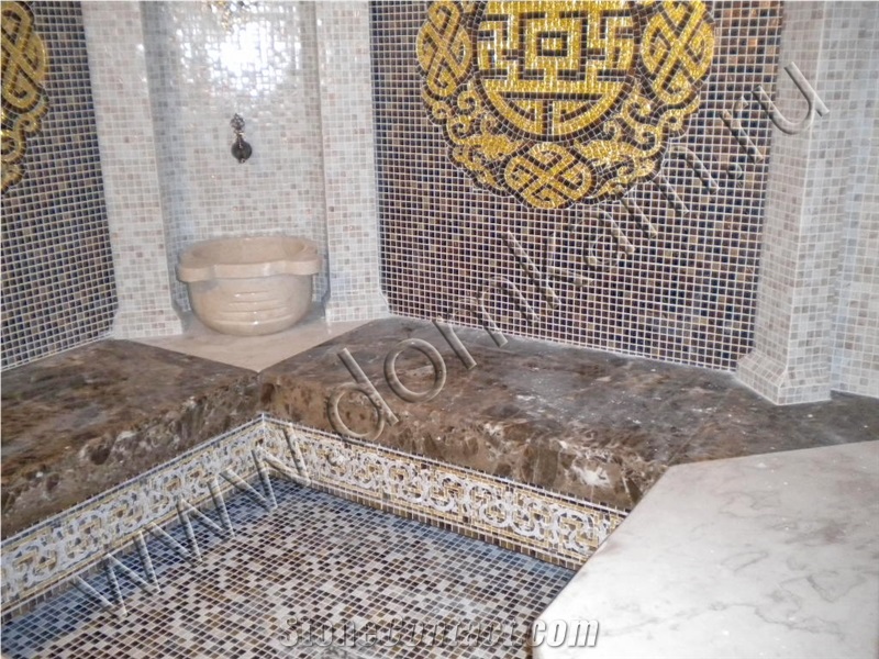 Sauna Design, Mosaic Wall, Emperador Dark Brown Marble Bath Design