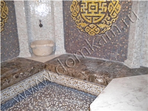 Sauna Design, Mosaic Wall, Emperador Dark Brown Marble Bath Design