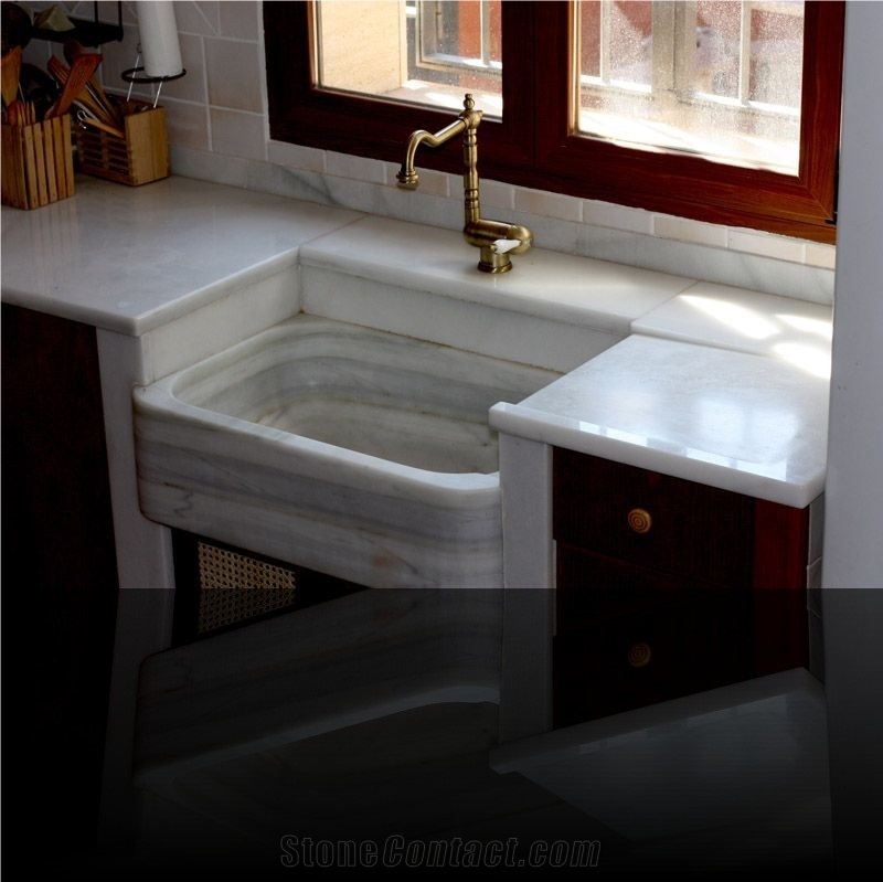 White Marble Kitchen Top and Kitchen Sink, Blanco Tranco White Marble Kitchen Top
