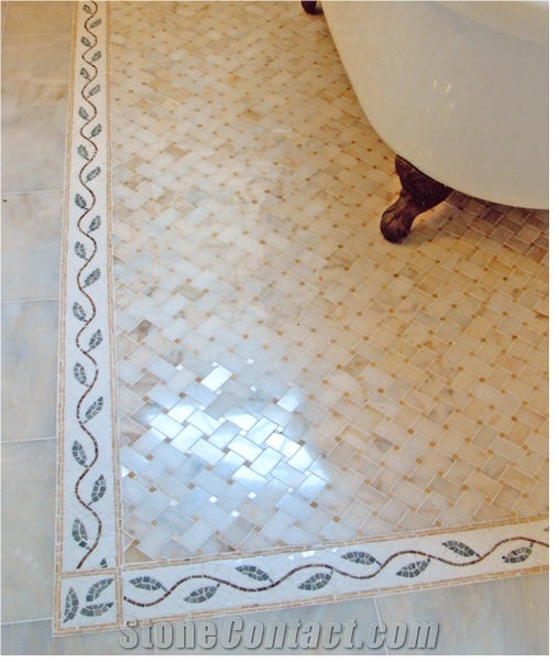 Afyon Honey Marble Floor Mosaic, White Marble