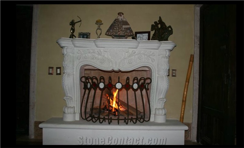 Lima Cantera Fireplace, Lima Cantera White Stone Hand Carved Fireplace
