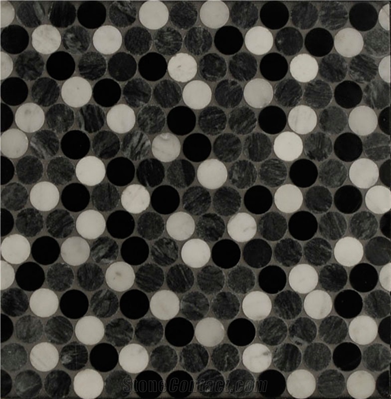 Ebony, Flannel, White Carrara 1X1 Mod Dots, Flannel Black Limestone Mosaic