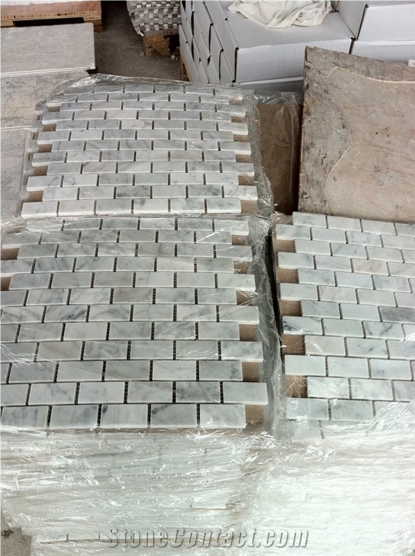 Bianco Carrara Brick Mosaic Tile, White Marble Brick Mosaic