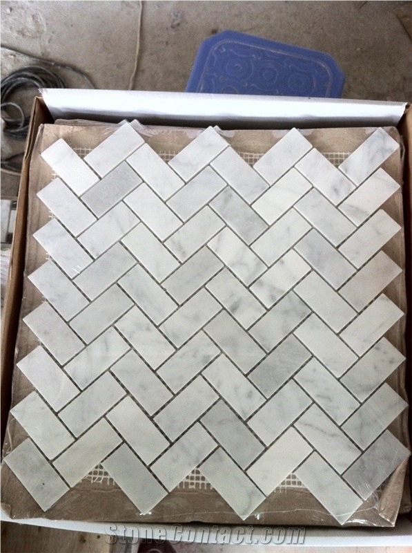 Bianco Carrara Herringbone Mosaic Tile, Bianco Carrara White Marble ...