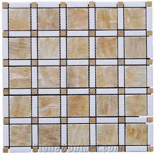 Honey Onyx + White Thassos Marble Mosaic Tile, Honey Yellow Onyx Mosaic