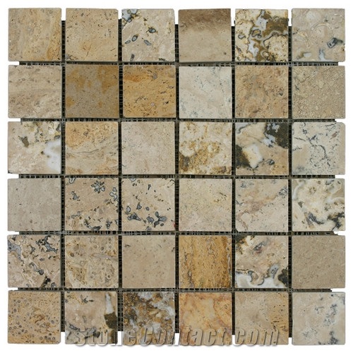 Travertine Mosaic Tile T005, China Yellow Travertine Mosaic