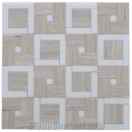 White Wood Vein + Pure White Marble Mosaic Tile, White Wood Vein Beige Marble Mosaic