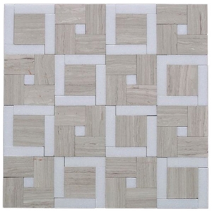 White Wood Vein + Pure White Marble Mosaic Tile, White Wood Vein Beige Marble Mosaic