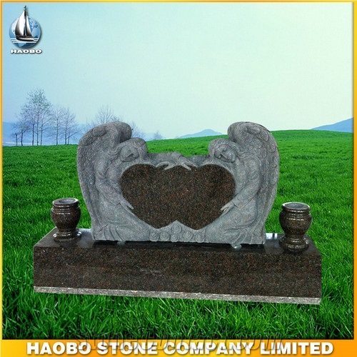 Double Angels Holding Double Hearts Western Style Granite Tombstone, Indian Aurora, Multicolor Red Granite Cemetery Monuments